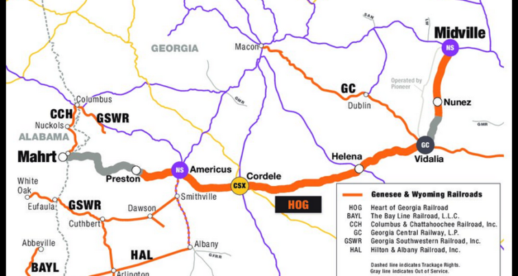 Map of Heart of Georgia (HOG) Railroad, a Genesee & Wyoming subsidiary