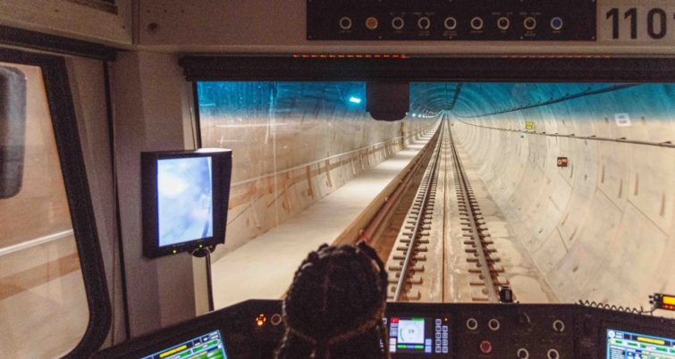 View from the front of the train of the new light rail tunnel under downtown L.A. (Metro photo)
